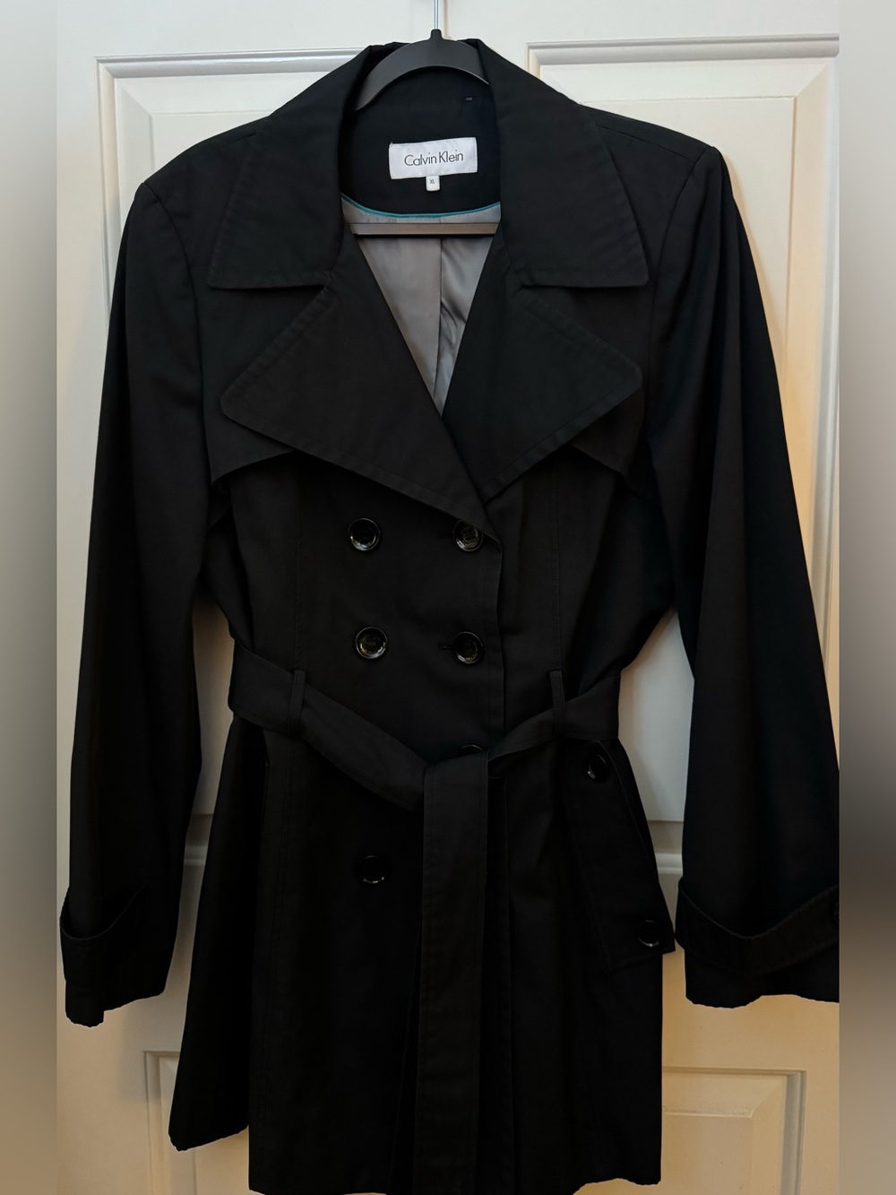 Calvin Klein Trench Coat 57% Cotton Black Double-Breasted Coat Size - XL